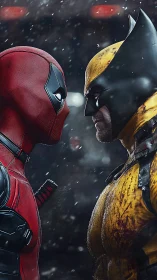 Hyper-real standoff between masked combatants in falling snow