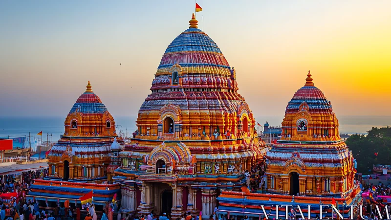 Sunlit Hindu temple complex glows with vivid sacred colors.