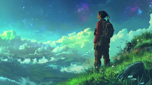 Stargazing hiker pausing on a glowing emerald hillside at dusk.