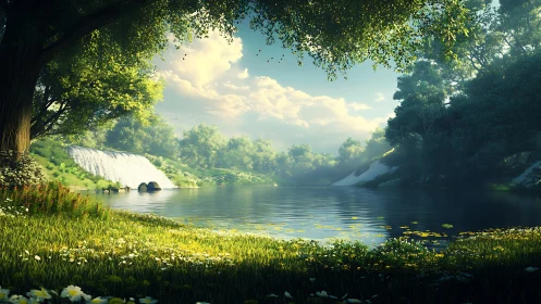 Sunlit waterfall whispers across a tranquil forest pond
