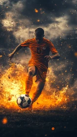 Volcanic midfield striker in dynamic pyro-lumetric motion.