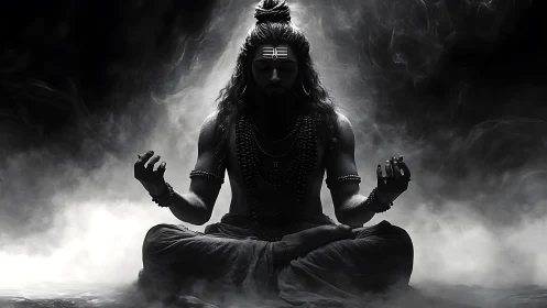 Monochrome ascetic yogi in meditative pose amid spiritual haze
