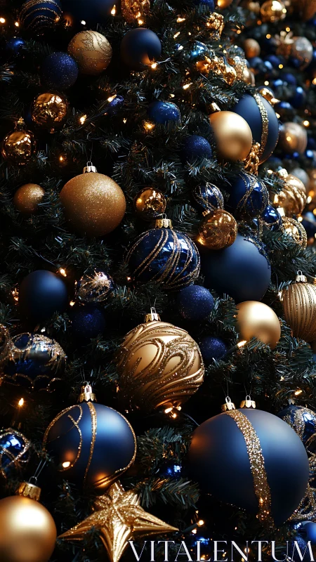 Photorealistic navy and gold Christmas ornament cluster composition.