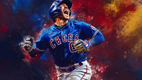 Baseball player in blue uniform amid abstract color field.