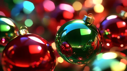 Rendered glass ornaments reflect colored out-of-focus lights