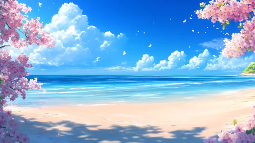 Cherry blossoms frame a high-saturation stylized tropical shoreline