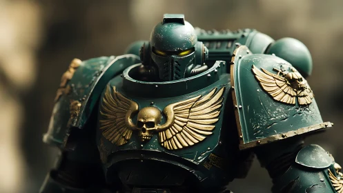 Armored sci fi soldier in green power suit with gold emblems