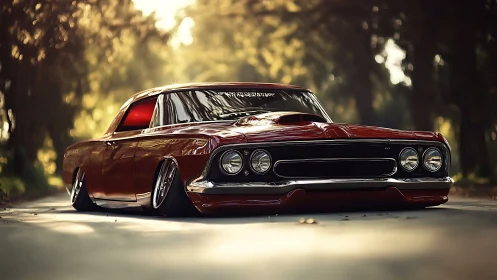 Lowrider muscle car glows under soft forest sunlight.