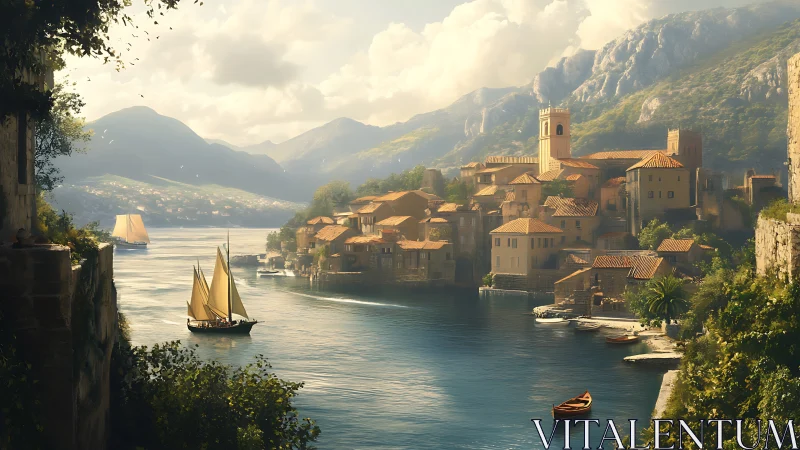 Sunlit Mediterranean harbor town rendered in warm digital light