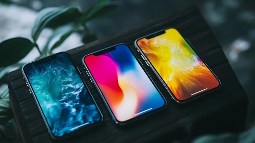 Trio of glowing smartphones casting bold colorstorms on wood.
