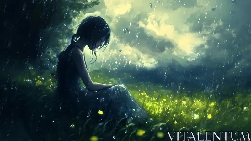Digital painting of solitary girl in rainlit meadow atmosphere.