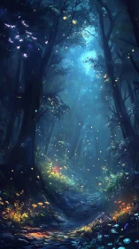 Enchanted Forest Path with Bioluminescent Lighting and Flying Creatures