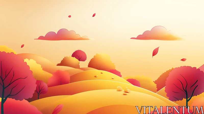Autumn landscape shows rolling hills, stylized trees, and clouds
