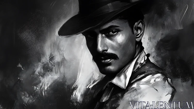 Monochrome digital portrait of man in hat with dramatic chiaroscuro