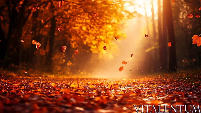 Autumn forest path glows under drifting golden leaves.