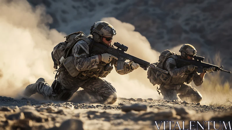 Armed soldiers advancing through dusty rocky terrain.