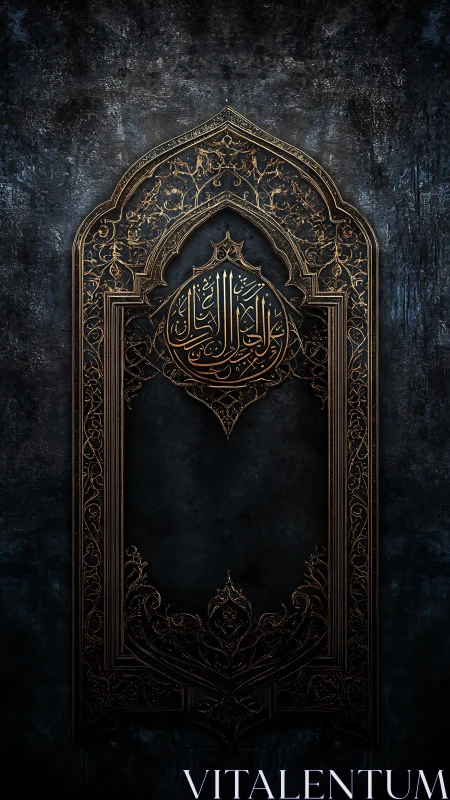 Gilded arabesque arch cradling luminous Arabic calligraphy.