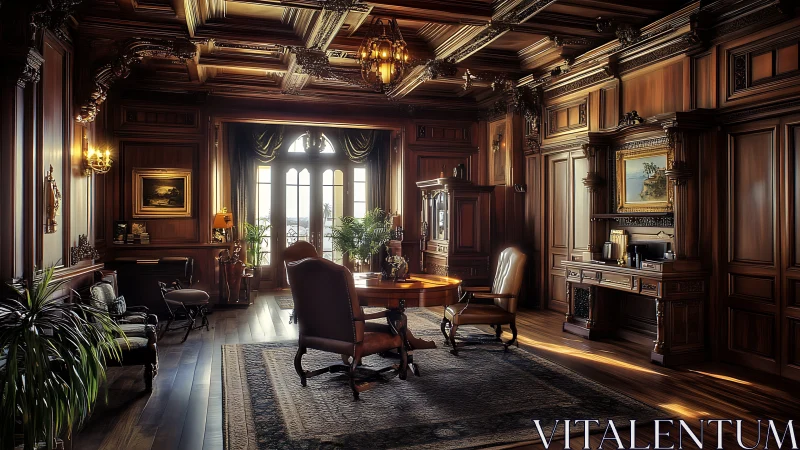 Grand wood-paneled study glows with warm, classic elegance.