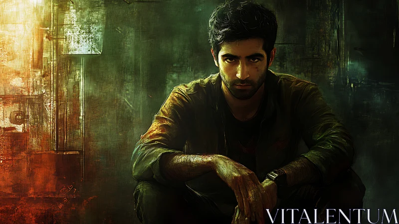 Brooding figure in grunge-lit industrial corridor, digital painting.