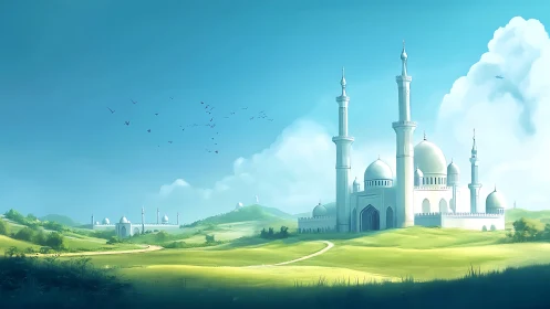 Sunlit white mosque rises over serene emerald hills at dawn