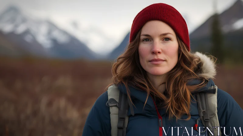 Mountain hiker portrait in red beanie and blue parka outdoors.