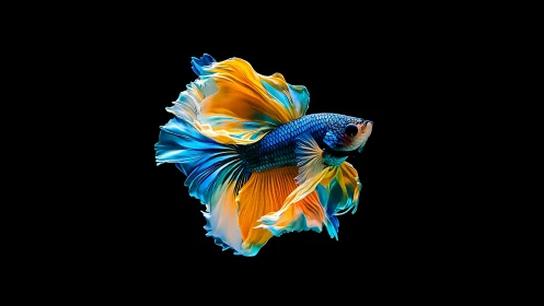 Neon betta ballerina twirls in midnight aquarium void.