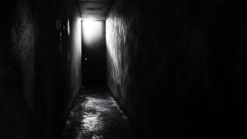 Backlit narrow corridor with wet floor and silhouetted doorway