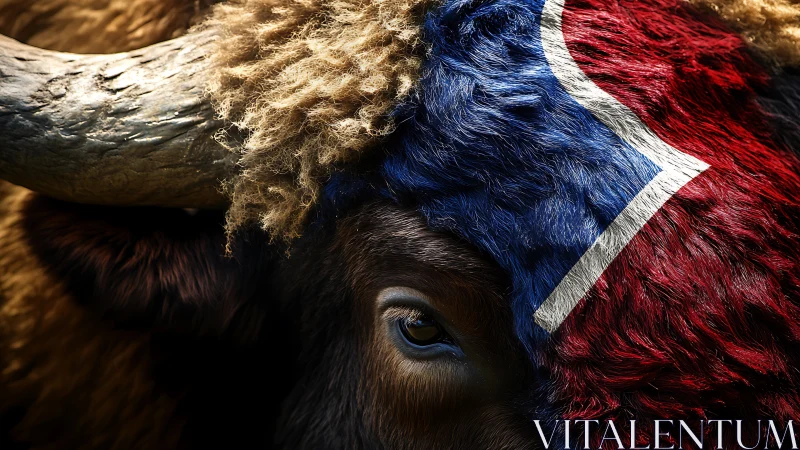 Buffalo close-up with bold red and blue painted fur pattern.