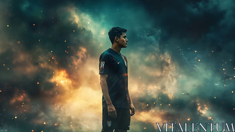 Soccer athlete in cosmic smoke with cinematic rim lighting.