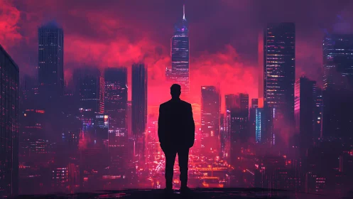 Silhouette confronts neon city skyline under crimson haze.