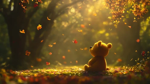 Tiny teddy pauses as autumn light teaches the forest to glow