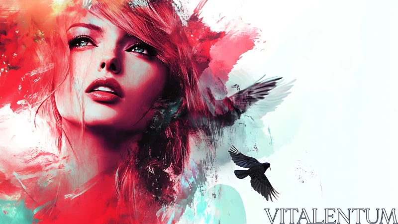 Digital portrait integrates female face with abstract birds