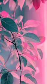 High-contrast plant leaves under pink cyan bicolor lighting