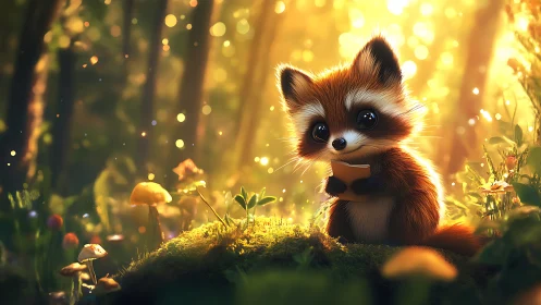 Luminous forest vignette with bookish stylized raccoon subject.