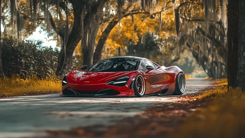 Crimson supercar glides through a golden autumn forest lane