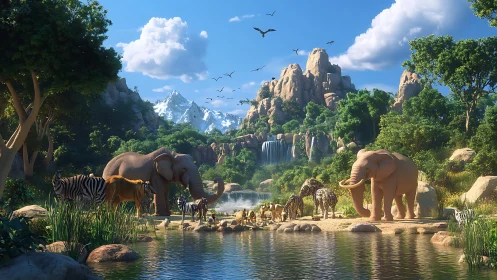 Sunlit savanna orchestra gathers at a crystal jungle pool