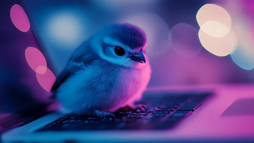 Neon night sparrow perched on glowing laptop keys.