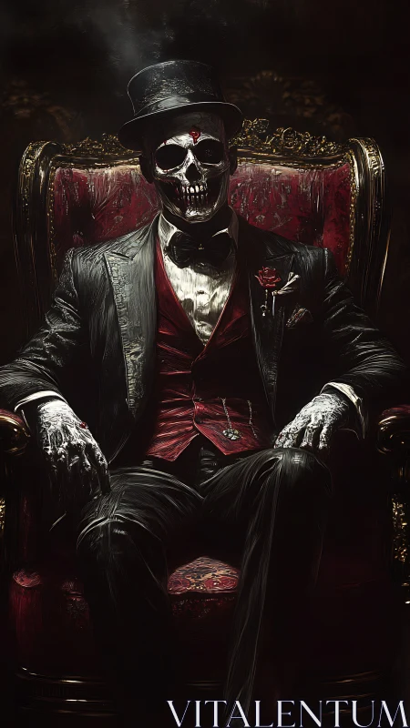 Skeletal gentleman rules crimson throne in shadowed parlor.