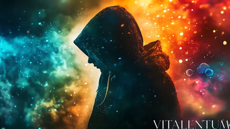 Hooded silhouette divides nebula-like teal and orange light