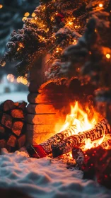 Snow-covered outdoor fireplace with glowing Christmas garland