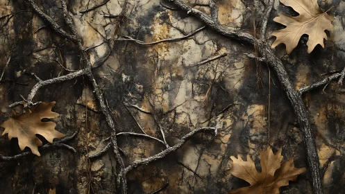 Weathered branches and autumn leaves in earthy embrace.