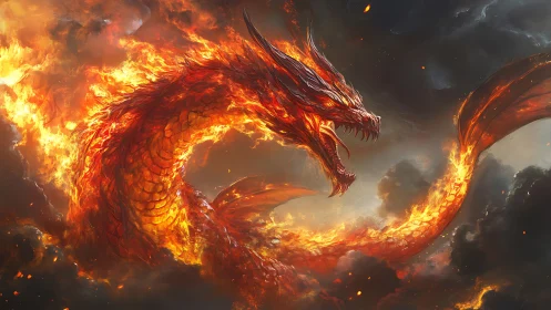 Fire dragon serpent roars through stormy burning clouds