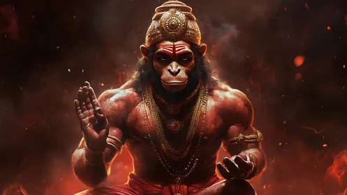 Flame crowned monkey warrior meditates in molten dusk glow.