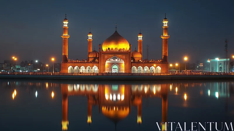 Illuminated mosque with domes and minarets reflected in water.