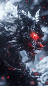Infernal wolf demon with glowing red eyes in storm haze.