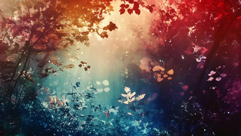 Enchanted forest canopy under prismatic twilight glow.