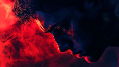 Intense profile portrait glows against vivid red smoke