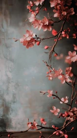 Cherry Blossoms Branch Against Textured Gray Wall