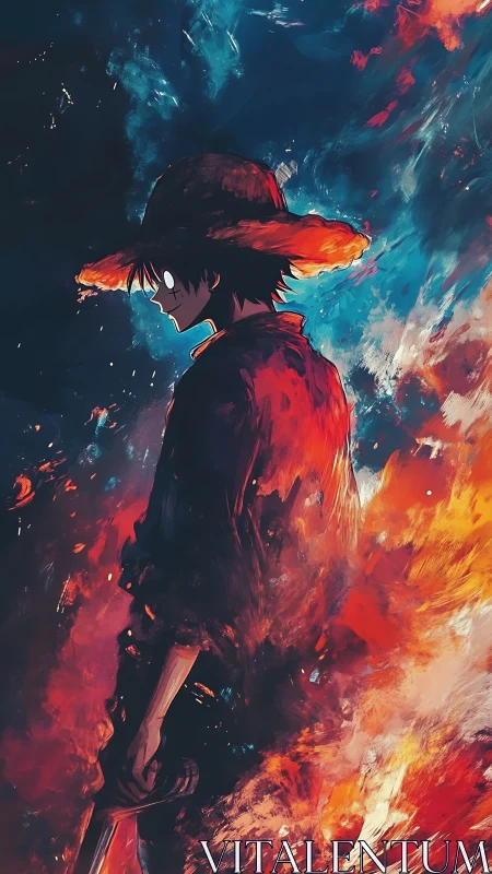 Straw hat warrior stands amid swirling fire and smoke
