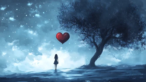 Figure Observing Floating Heart Above Landscape